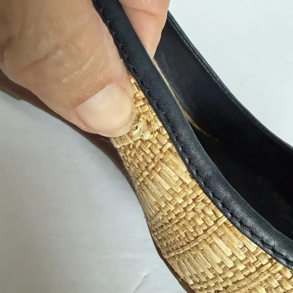Tory Burch Sally Raffia Wedge Heel Shoes Size 11 Black Leather Lg Logo Career